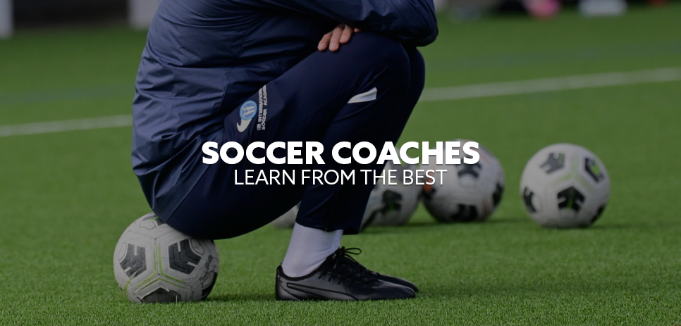 Image: i2i Coach sat on a football. Text: "Soccer Coaches - Learn from the Best"