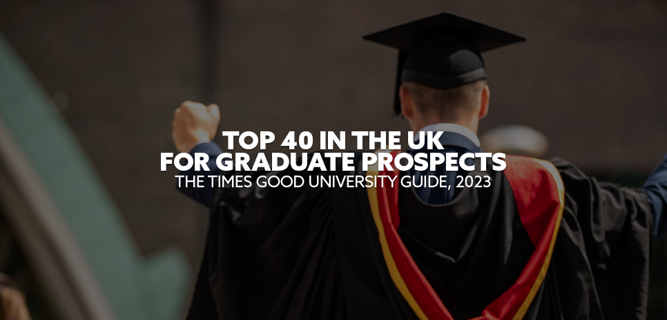 Image: Northumbria student celebrating at their Graduation. Text: "TOP 40 IN THE UK FOR GRADUATE PROSPECTS" (THE TIMES GOOD UNIVERSITY GUIDE, 2023)