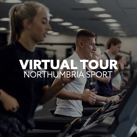 Image: students running on treadmills. Text: "Virtual Tour - Northumbria Sport"
