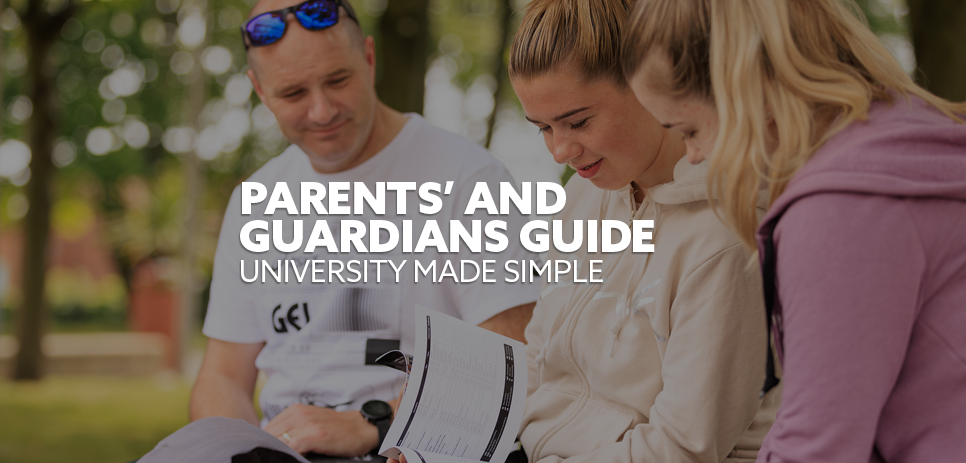 Image: Parent sat with his child at a Northumbria University on-campus Open Day. Text: "Parents' and Guardians Guide - University made simple"