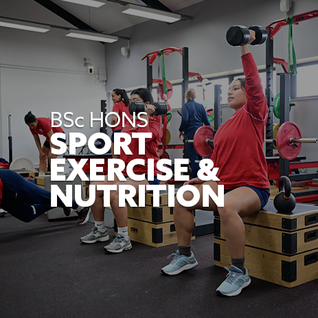 Image: i2i female student-athletes training in the Northumbria Sport gym. Text: "BSc (Hons) Sport, Exercise & Nutrition"