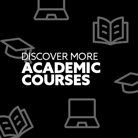 Image: plain black box. Text: "Click to discover our academic courses"