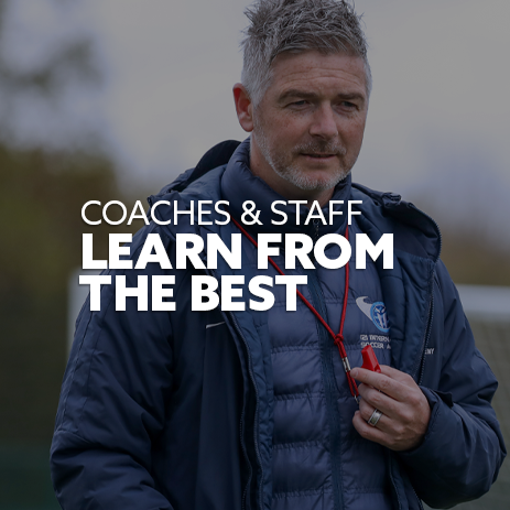 Image: i2i coach stood, holding a whistle. Text: "Coaches and Staff - Learn from the Best"