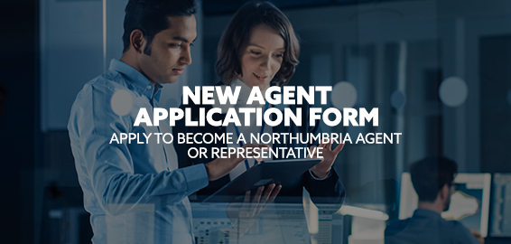 Image: two individuals tlaking over a laptop. Text: "New agent application form. Apply to become a Northumbria Agent or Representative"