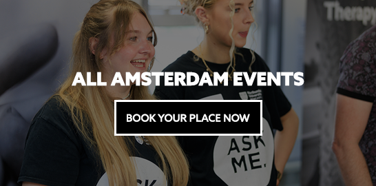 Image: two student reps at an event. Text: All Amsterdam Events. Book your place now.
