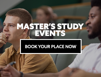 Image: two students making notes during a lecture. Text: "Master's Study Events. Book your place now."