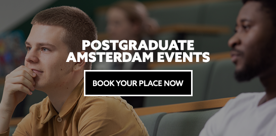 Image: close-up of two male students sat in a lecture theatre. Text: Book your place at a Postgraduate Amsterdam Event now.