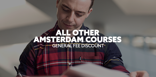 Image: student writing in a book. Text: "All other Amsterdam courses. General fee discount."