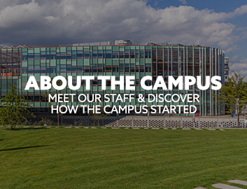 Image: AUAS Campus. Text: "About the Campus. Meet our Staff and discover how the campus started"