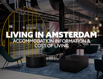 Image: lobby in an accommodation building. Text: "Living in Amsterdam/ Accommodation information and cost of living."