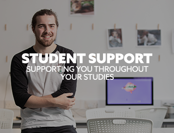 Image: student stood in front of an iMac, smiling. Text: "Student Support. Supporting you throughout your studies."
