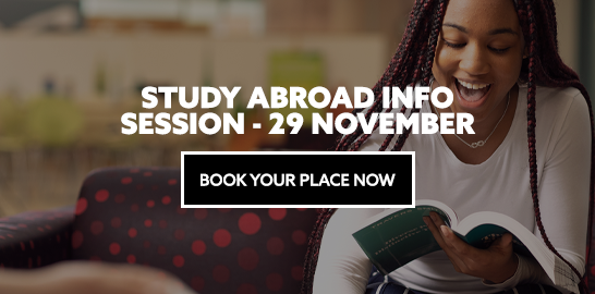 Image: student laughing whilst making notes in her textbook. Text: "Study Abroad Info Session - 29 November. Book your place now."