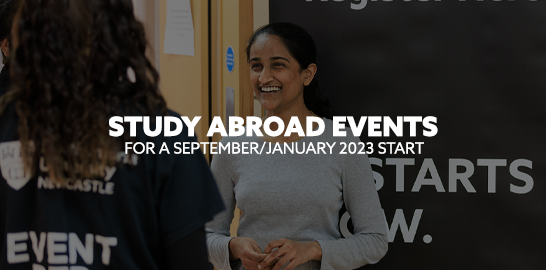 Image: student talking and laughing with an Event Rep. Text: "Study Abroad Events. For a September/January 2023 start."