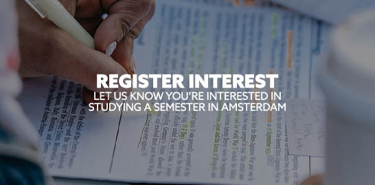 Text: let us know you're interested in studying a semester in Amsterdam. Image: student writing and highlighting her assessment.