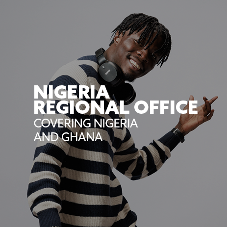 Image: Nigeria student dancing with headphones around his neck, smiling. Text: "Nigeria Regional Office"