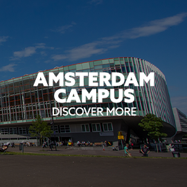 Image: Corry Tendeloo Building. Text: "Amsterdam Campus. Discover more."