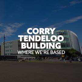 Image: long-shot of the Corry Tendeloo Building at AUAS. Text: "Corry Tendeloo Building. Where we're based."