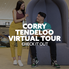 Image: male and female student talking. Text: "Corry Tendeloo Virtual Tour. Check it out."