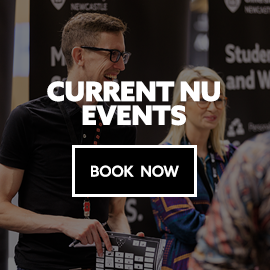 Image: student rep and lecturer at an event. Text: Current Northumbria student events. Book now.