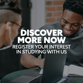 Image: two students working together outside. Text: "Discover more now. Register your interest in studying with us."