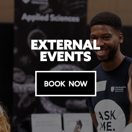 Image: student rep at an event. Text: External Events. Book now.