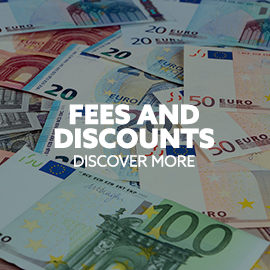 Image: pile of Euro notes. Text: "Fees and discounts. Discover more."