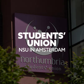 Image: Northumbria Students' Union (NSU) logo. Text: "Students' Union. NSU in Amsterdam."