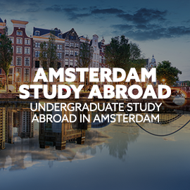 Image: Newcastle Quayside reflected in image of an Amsterdam canal. Text: "Amsterdam Study Abroad. Undergraduate Study Abroad in Amsterdam."