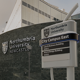 Image: close-up of City Campus East sign with Northumbria logo in the background.