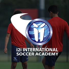 Image: i2i International Soccer Academy logo front with two male soccer athletes in the background.