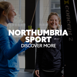 Image: two female students using the weights at Sport Central. Text: "Northumbria Sport. Discover more"