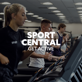 Image: three students using treadmills. Text: "Sport Central. Get active."