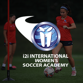 Image: i2i International Women's Soccer Academy logo front with two female soccer athletes in the background.