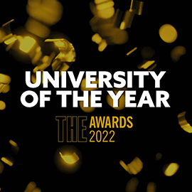 Black thumbnail image with gold confetti announcing Northumbria University as the Times Higher Education University of the Year 2022