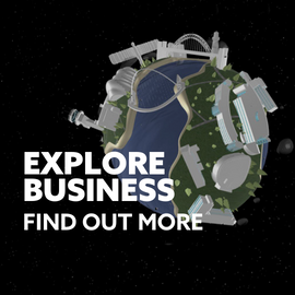 NUWORLD Globe with text: EXPLORE BUSINESS FIND OUT MORE