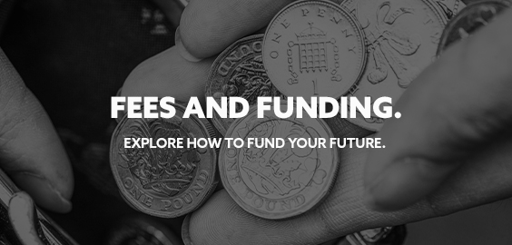 Someone holding coins with the text "Fees and Funding: explore how to fund your future."