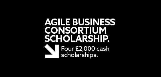 White text on black background that says: Agile Business Consortium scholarship. Four £2000 cash scholarships.