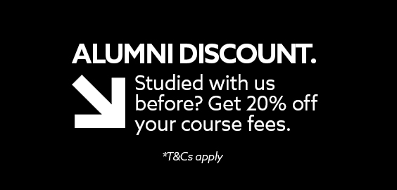 White text on black background that says: Alumni Discount: Studied with us before? Get 20% off your course fees. T&Cs apply