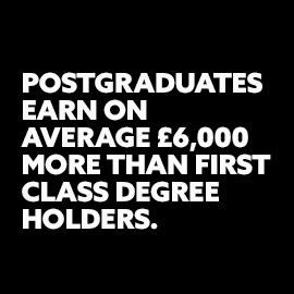 White text on black background saying: Postgraduates earn on average £6,000 more than first class degree holders.