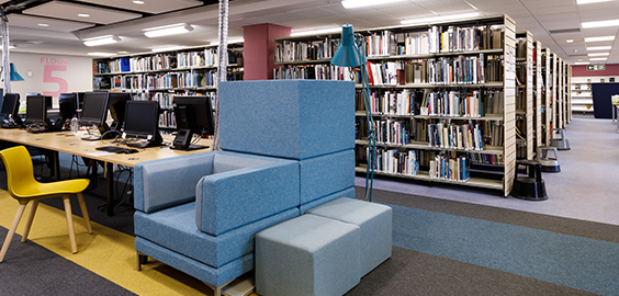 library shelves and sofas
