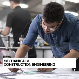 Man doing construction work with a white text box and black writing saying: mechanical & construction engineering