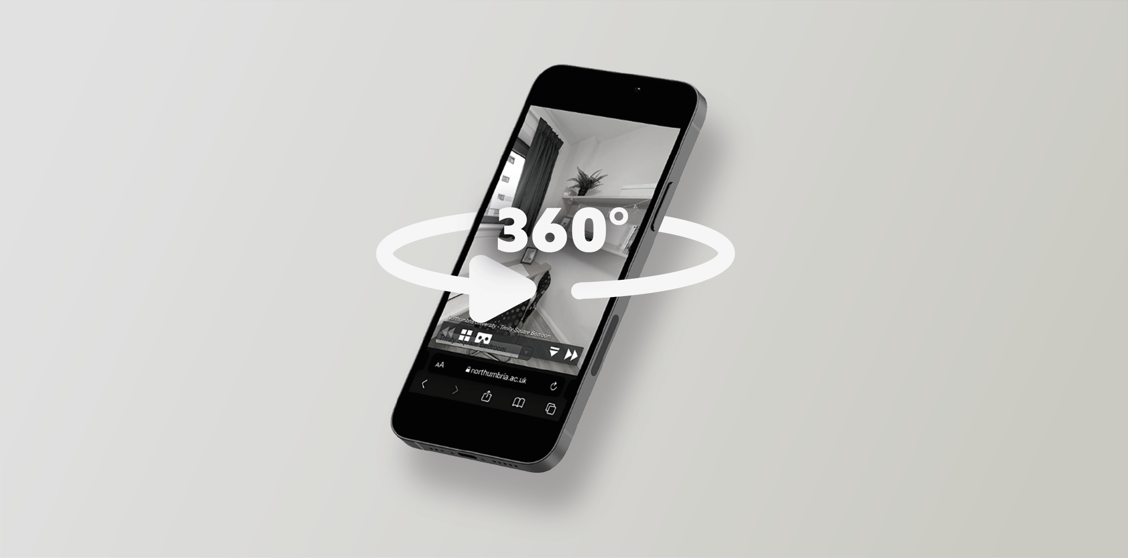 Image of a phone floating against a grey background, with a white 360° arrow. 