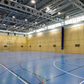 Large sports hall with blue floor.
