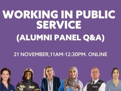 A purple box with diverse people. The text reads, "working in Publice Service, Alumni Panel Q and A, 21st November, 11am to 12.30pm, online."