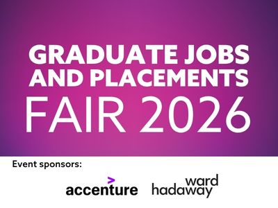 The image is a purple box with graduate jobs and placements fair 2026 written in it. It contains logos for our sponsors, Accenture, Azets, Sage and Ward Hadaway