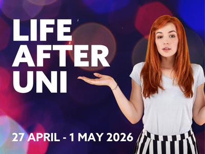 The image features a woman against a blue backdrop