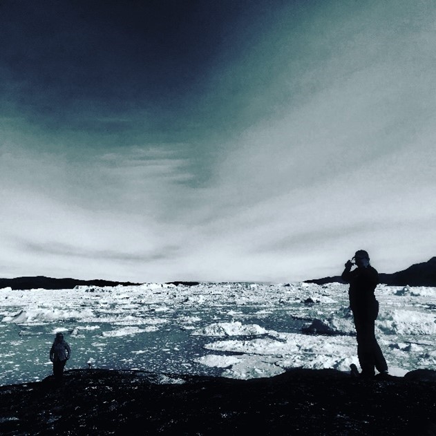 Silhouettes of people against northern lights in arctic