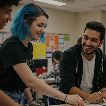 Male and Female University student talking in the classroom