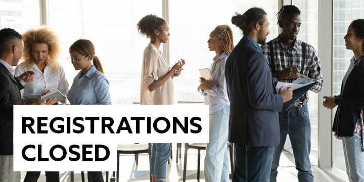 People networking at event. Image title is Registrations Closed