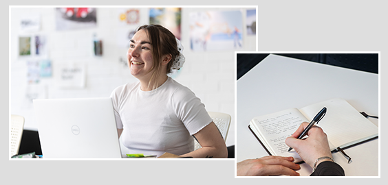 two images in college style of student working on laptop and a hand writing